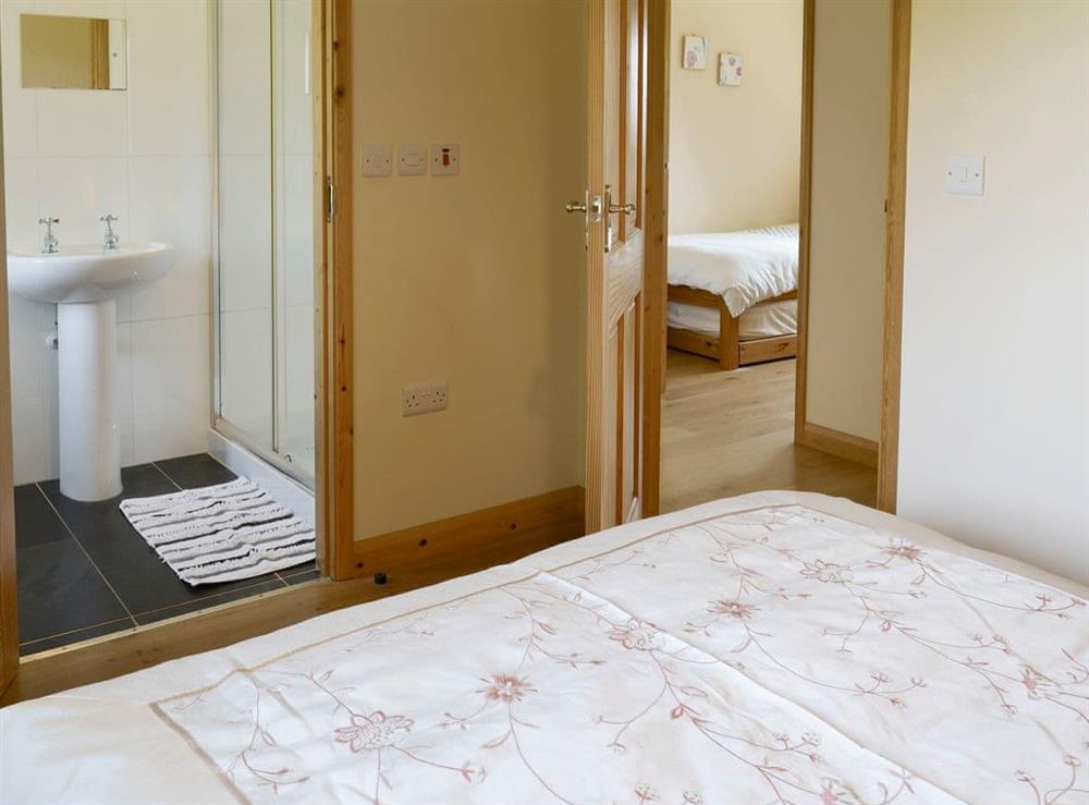 Comfortable double bedroom with en-suite shower room at Tarkas Holt Log Cabin, 