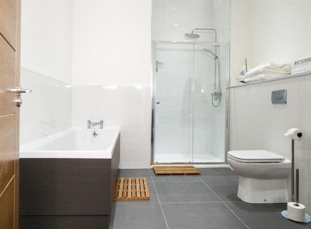 Family bathroom with bath and separate walk-in shower at Strathspey Lodge in Duthil, Carrbridge, near Aviemore, Highlands, Inverness-Shire
