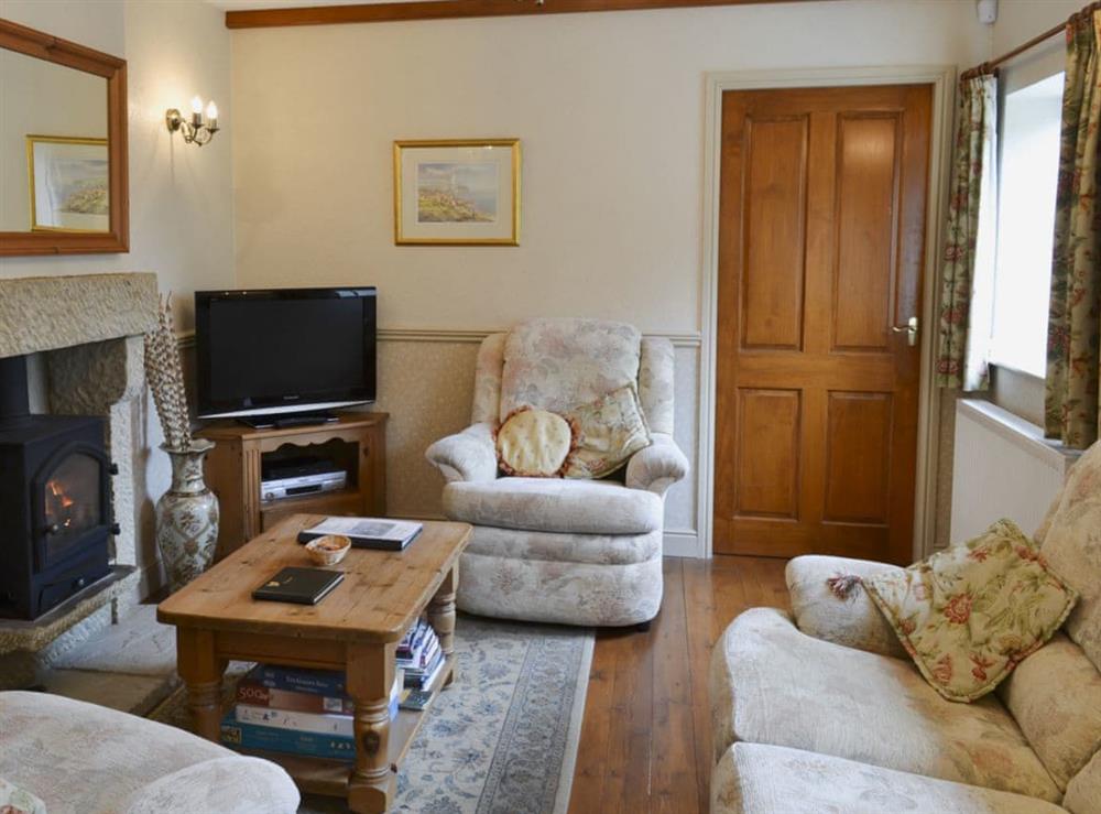 Cosy living area with gas fire and beams at Swallowtail Cottage, 