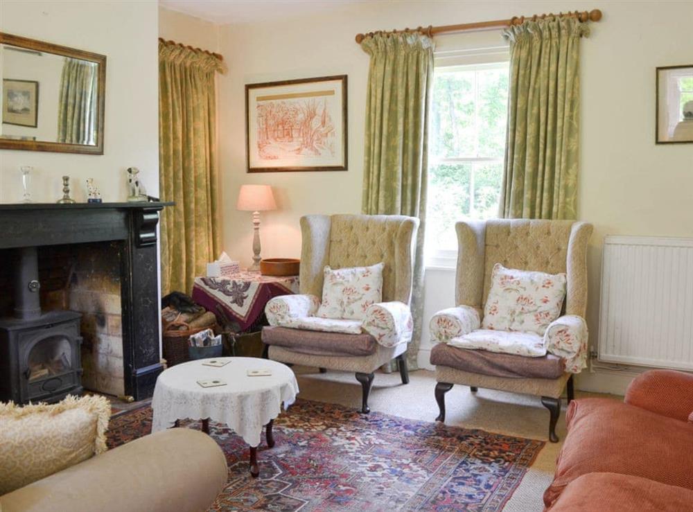 Cosy living room with wood-burning stove at Sunnybank in Newton St Margarets, Herefordshire., Great Britain