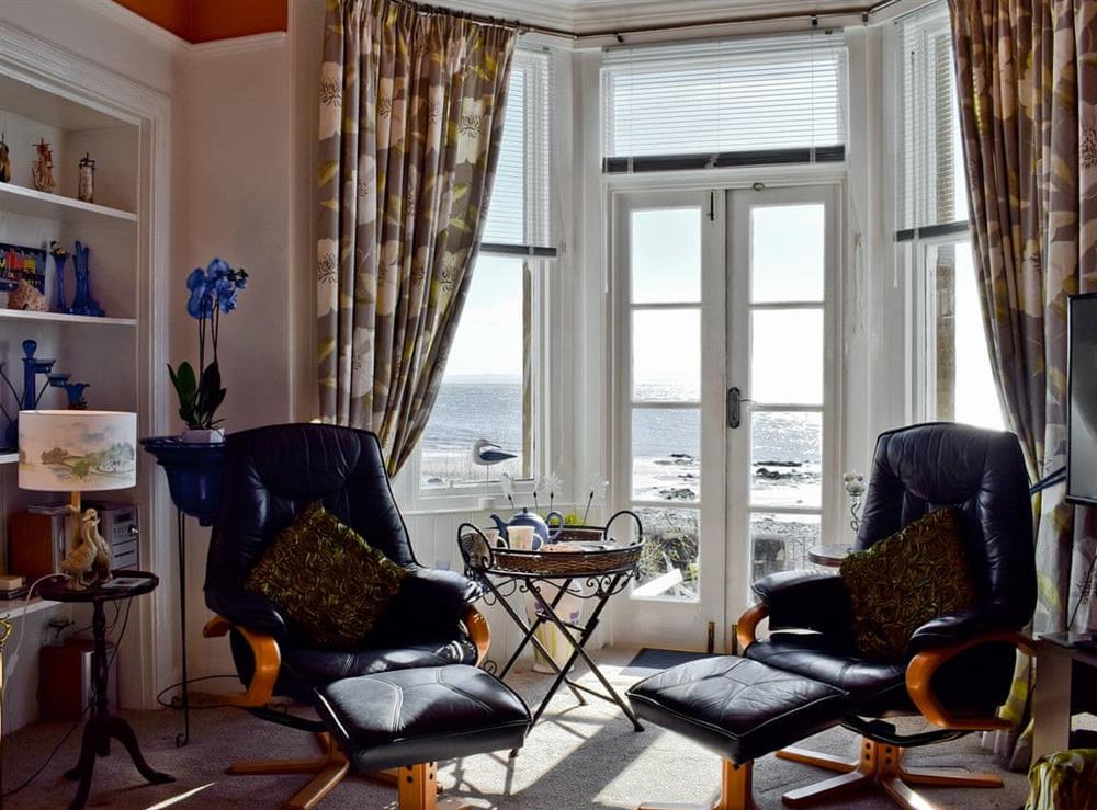 Living room with stunning views at Sunnyside Beach in Lower Largo, Fife