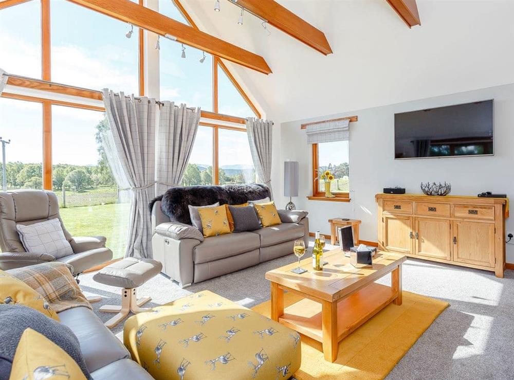 Stylishly furnished living room with wood burner at Sunnyside House in Carrbridge, near Aviemore, Inverness-Shire