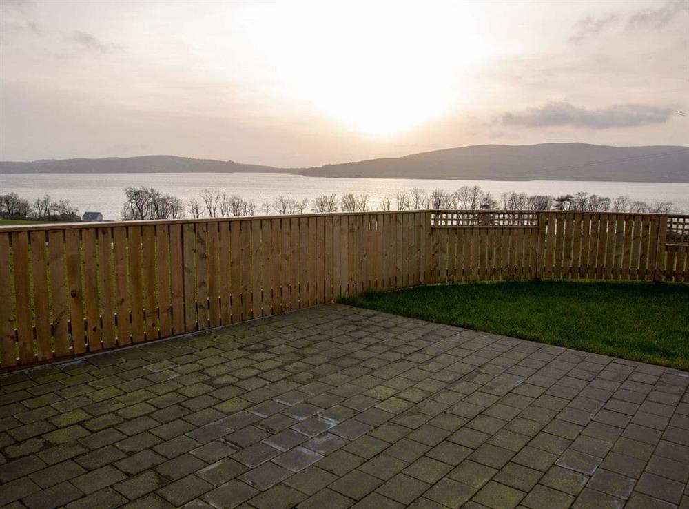 Paved patio area with outstanding views at Sunset View in Port Lamont, near Dunoon, Argyll and Bute, Scotland