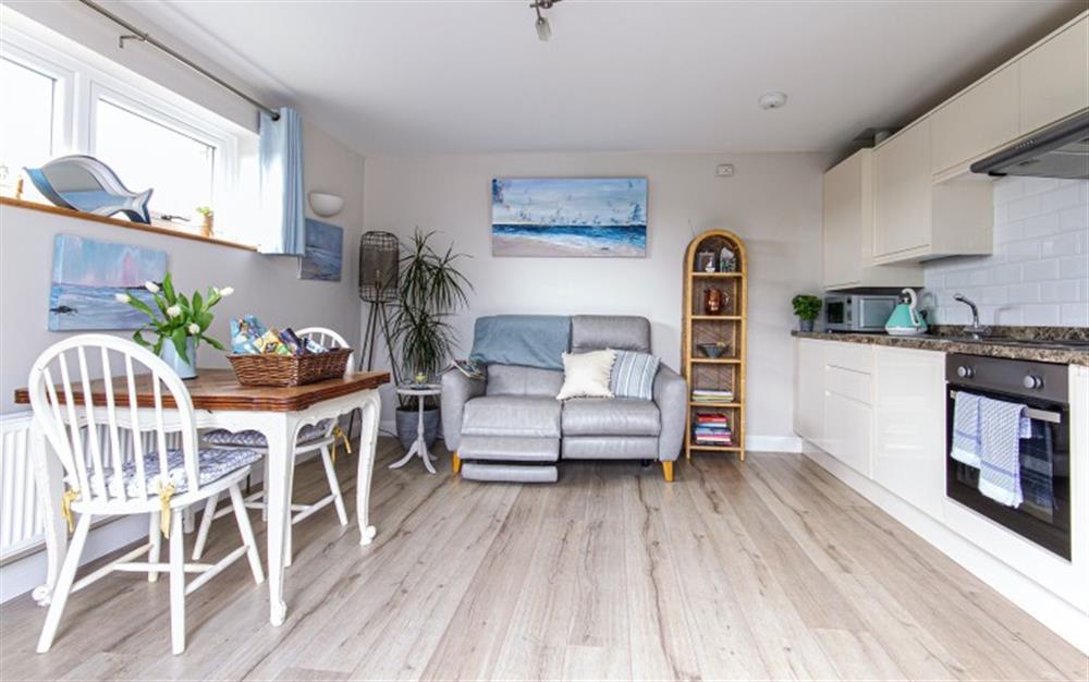 Open plan living space at Swallow Cottage in Boscastle