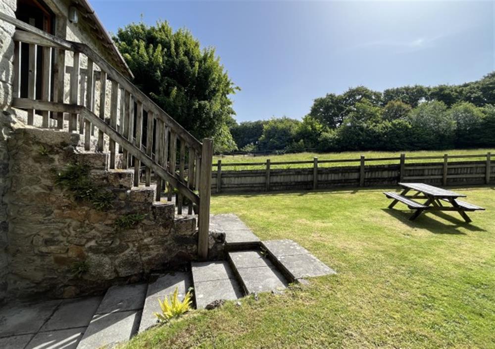 Steps leading to garden  at Swallows Retreat in Falmouth