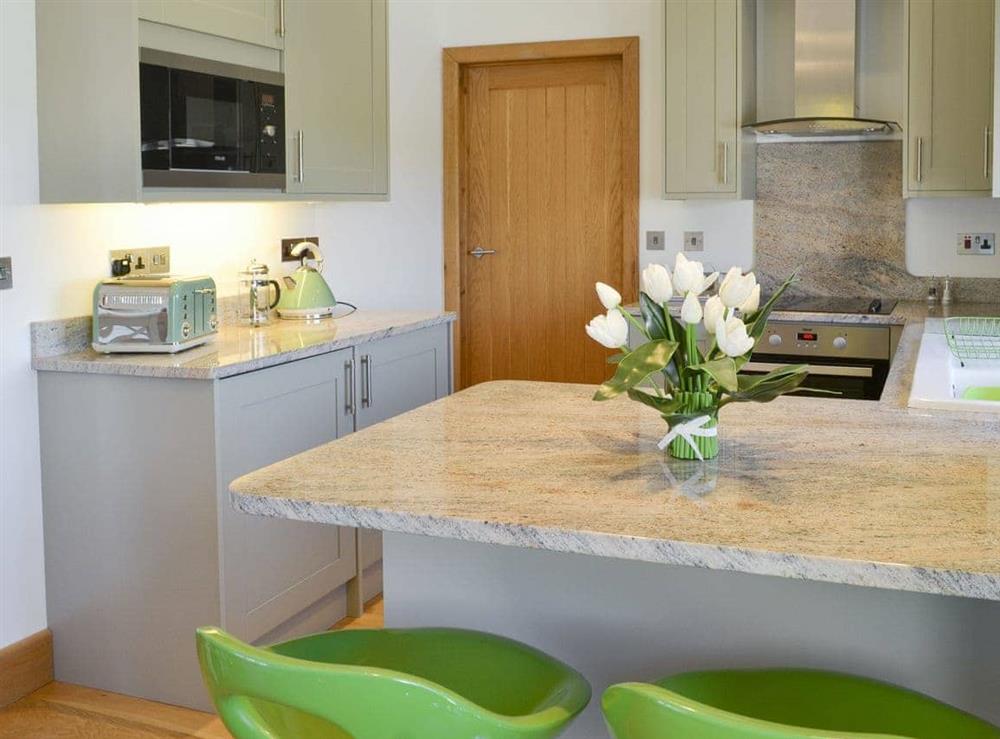 Fully appointed fitted kitchen with breakfast bar at Swallows Retreat in Hartland, Devon