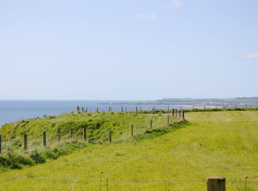 Panoramic coastal views from garden at Sweet Hope in St Cyrus, near Montrose, Aberdeenshire
