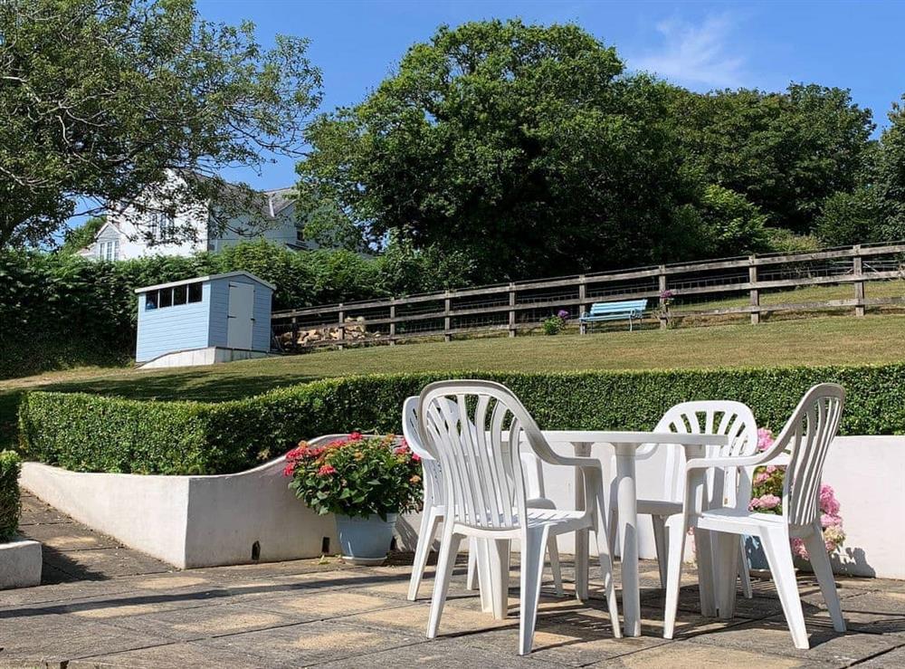 Charming sunny patio at Sweet’s Close in Polgooth, St Austell, Cornwall., Great Britain