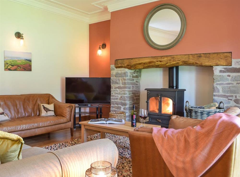 Living room with wood burner at Swn-Y-Don in Llansteffan, Carmarthenshire, Dyfed