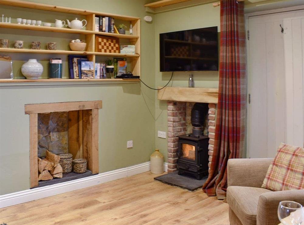 Cosy living room area with wood burner at Sycamore Cottage in Consett, Durham