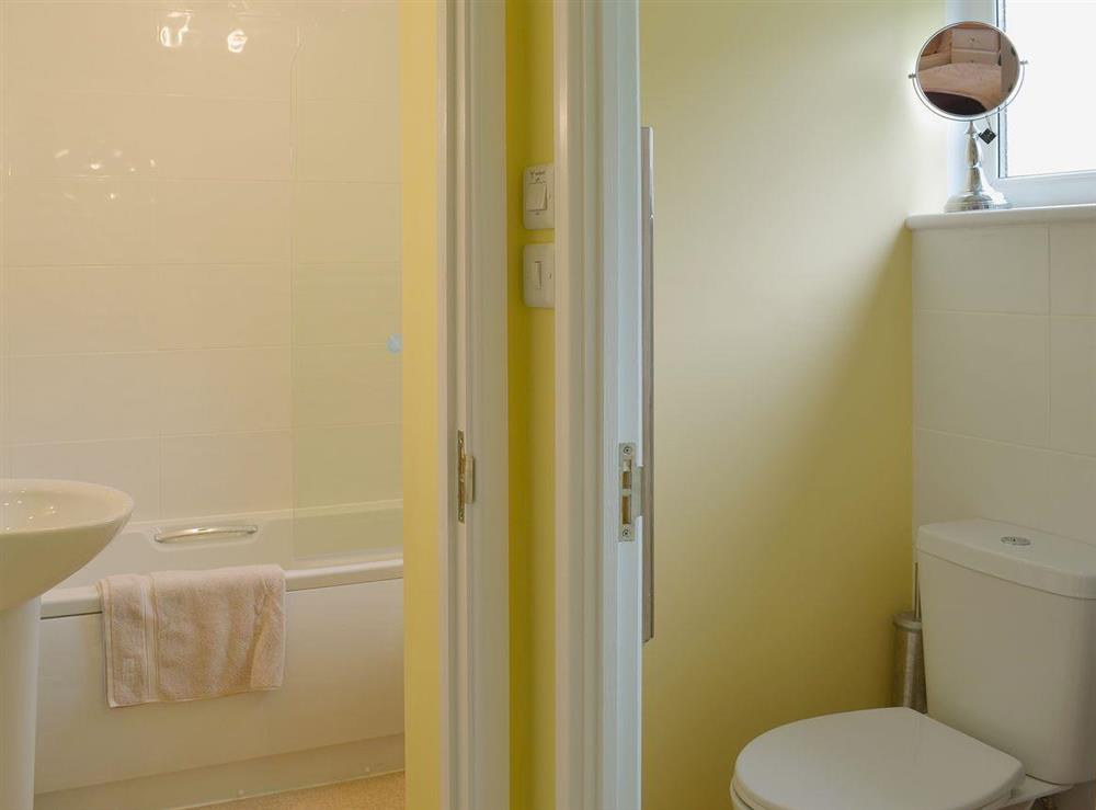 The bathroom has a shower over the bath and a separate wc at Tamar Ten in St Ann’s Chapel, near Callington, Cornwall