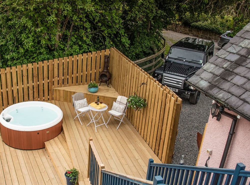 Lower deck with hot tub at Tanar View in Glen Tanar, near Aboyne, Aberdeenshire