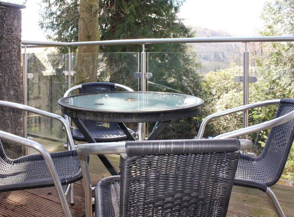 Balcony with outdoor furniture at Tarnside in Skelwith Bridge, Ambleside, Cumbria., Great Britain