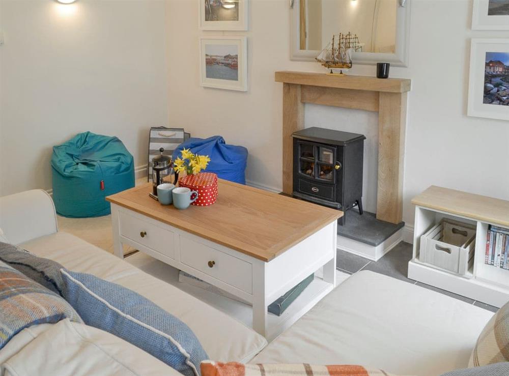 ‘Wood-burner style’ electric fire in feature fireplace at Teal Cottage in Instow, near Bideford, Devon, England