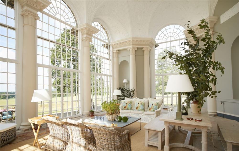 The beautiful, three bay glazed orangery with stunning views over the parkland at Temple of Diana, Weston-under-Lizard
