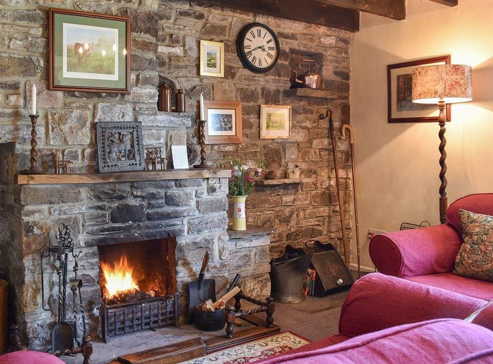 Living room with cosy open fire at Tetheran Cottage in Marrick, near Reeth, North Yorkshire
