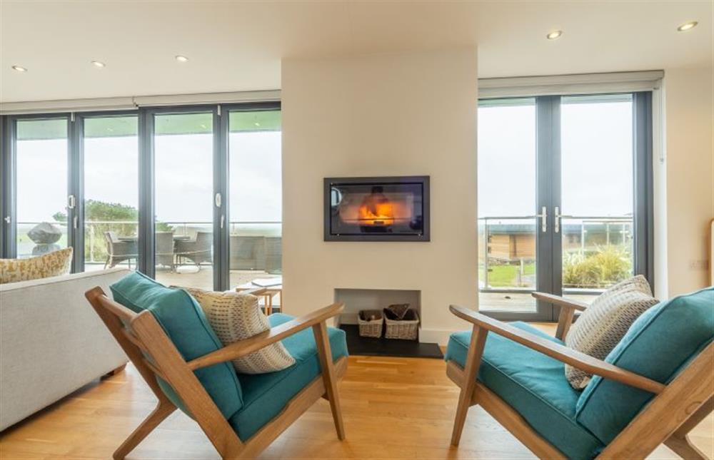 Comfy seating in front of state-of-the-art wood burning stove at Teyr Mor Cliff, Chapel Porth, St Agnes