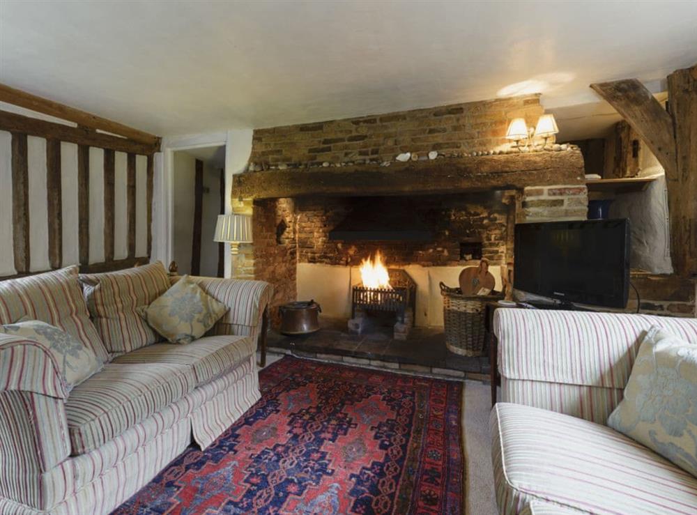 Traditional living room with open fire at Thatched Cottage in Sternfield, near Aldeburgh, Suffolk