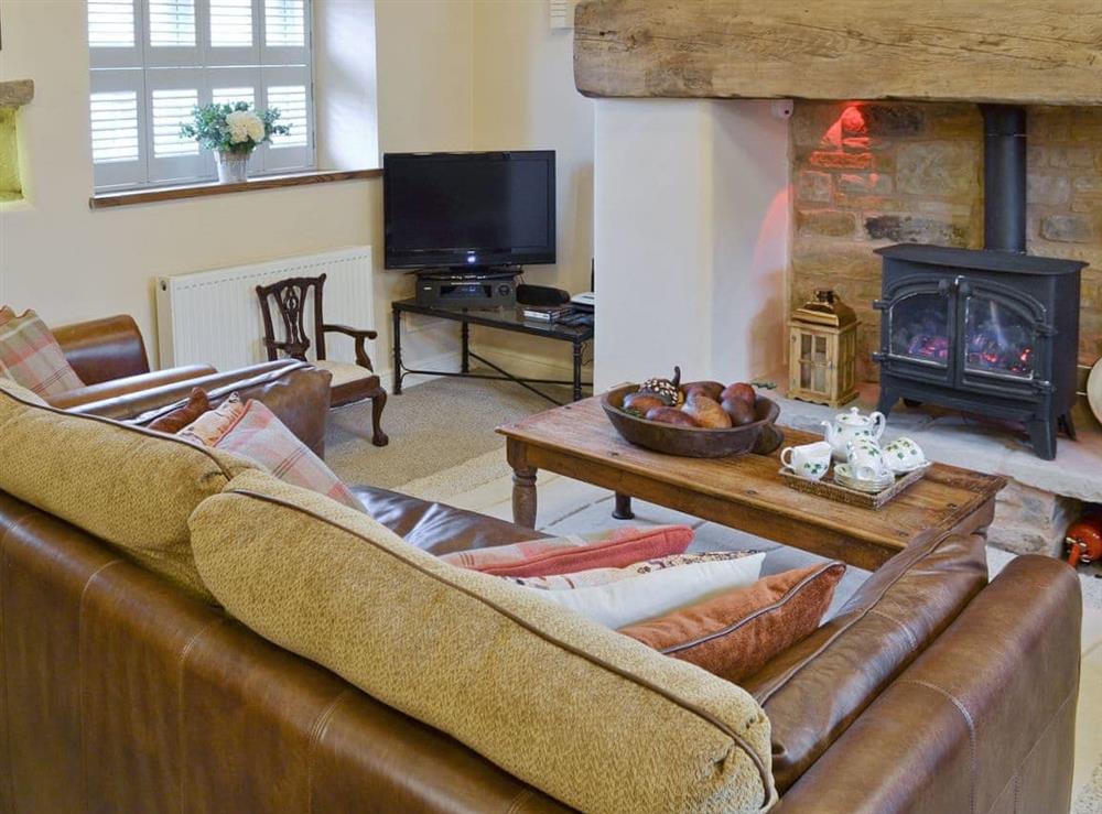 Cosy lounge area with gas wood-burning stove at The Barn at Woodland View in Barlow, near Chesterfield, Derbyshire