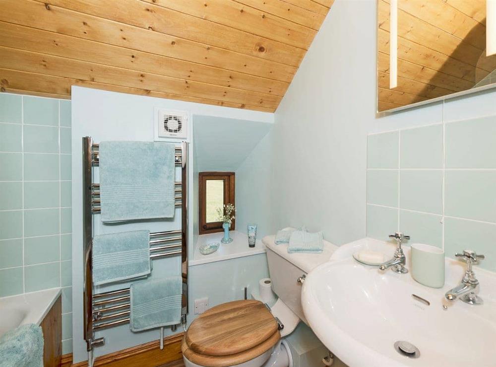 Bathroom with shower over bath at The Barn by The Lake in Brompton Regis, near Dulverton, Somerset