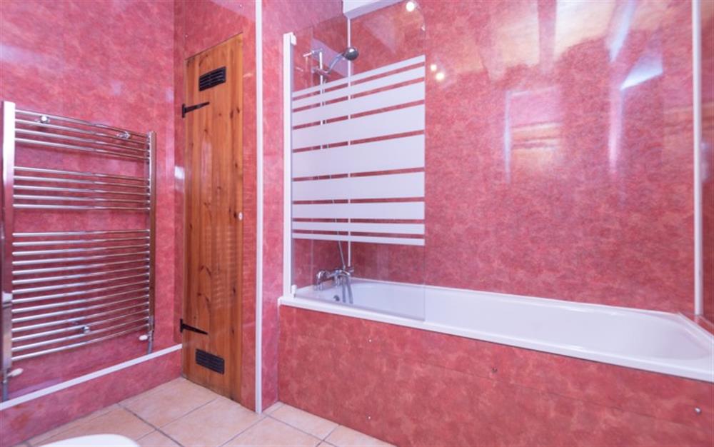 Bathroom with shower over bath at The Barn, Elsdon in Lyme Regis