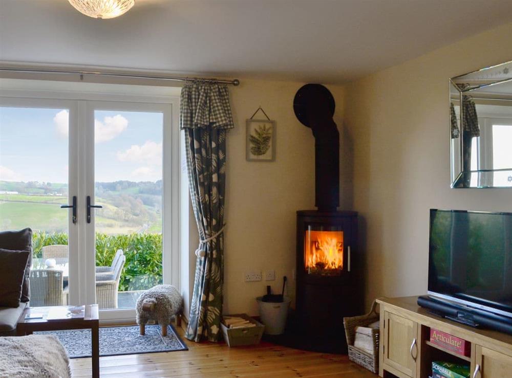 Comfortable living room with wood burning stove at The Barn in Gwyddelwern near Corwen, Denbighshire