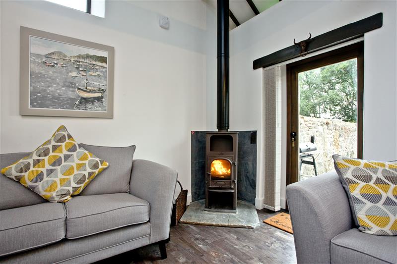 Living room and wood burning stove at The Barn in Lanhydrock, Llanhydrock, Cornwall