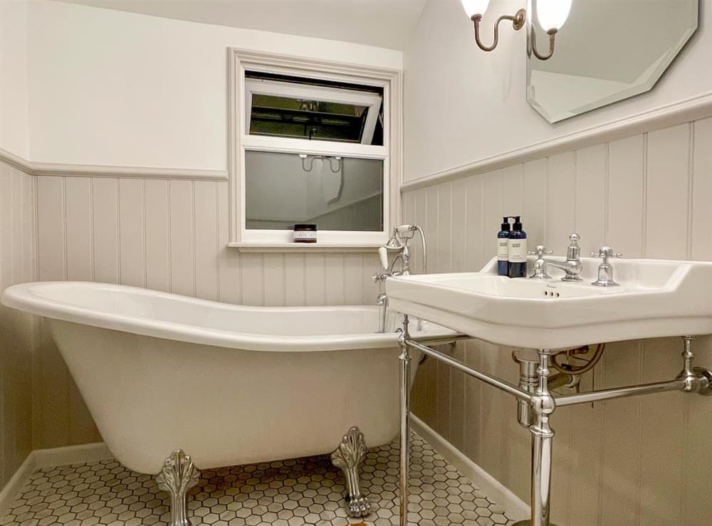 Main bathroom with free standing bath at The Basket Loft in Newlyn, Cornwall
