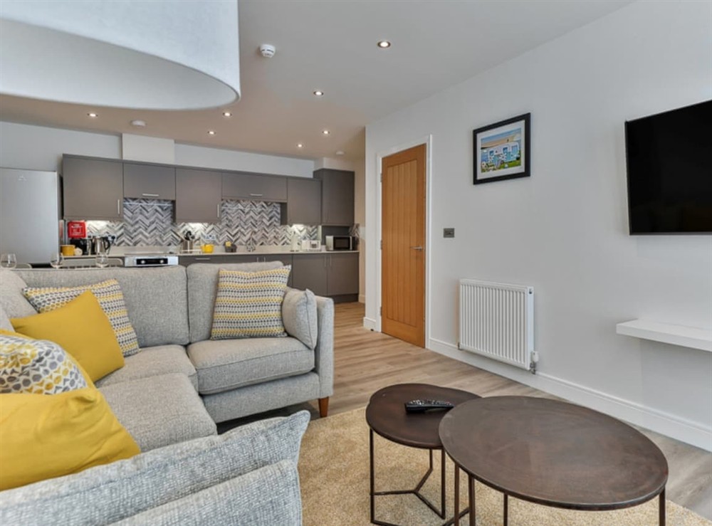 Open plan living space at The Beach Cabin in Filey, North Yorkshire