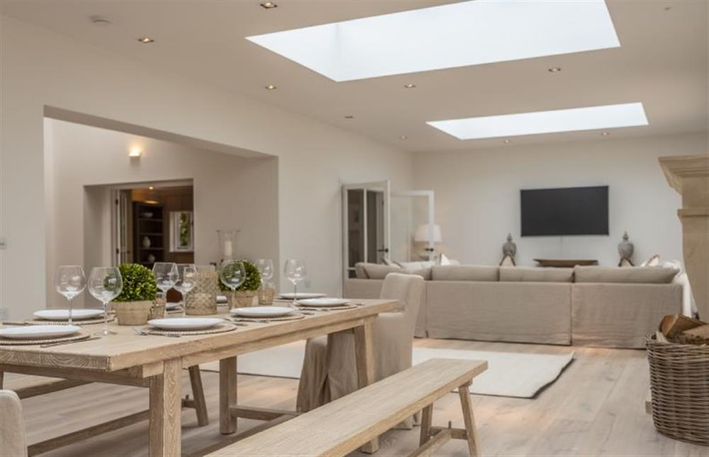 Open-plan sitting room and dining area at The Beach House, Brancaster near Kings Lynn