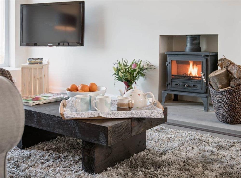 Living area with wood burner at The Beach House in Chathill, Northumberland
