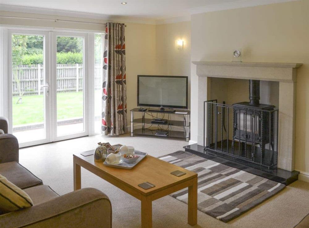 Welcoming living room with wood burner at The Beeches in Sea Palling, Norfolk. , Great Britain