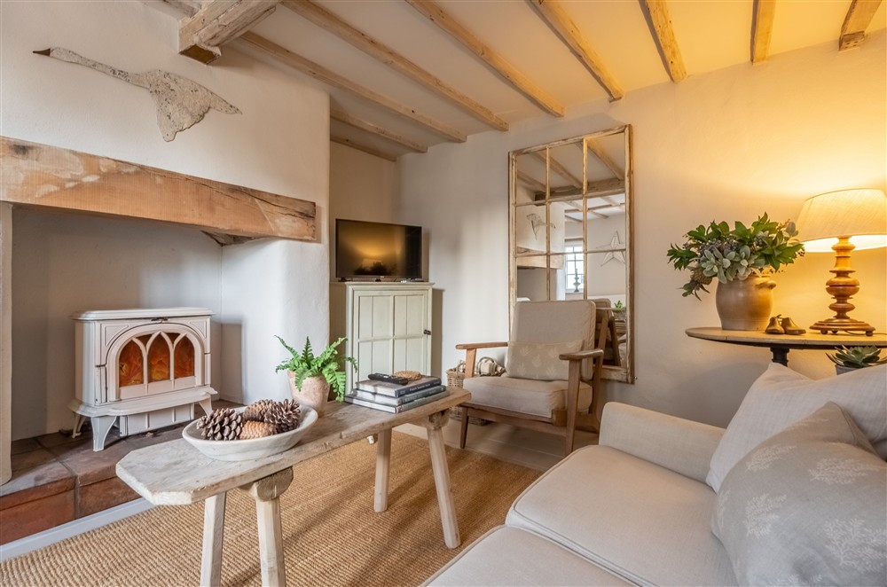 The cosy sitting room with wood burning stove at The Beekeeper's Cottage, Barney