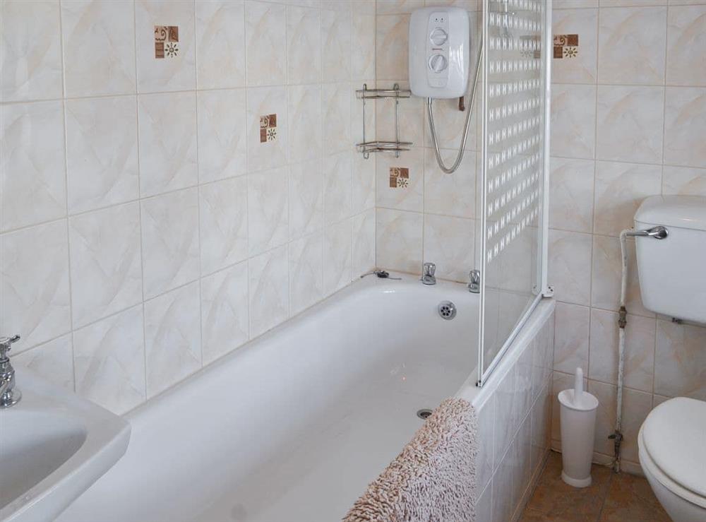 Family bathroom with shower above bath at The Bridge Inn Flat in Bridgerule, near Bude, Devon
