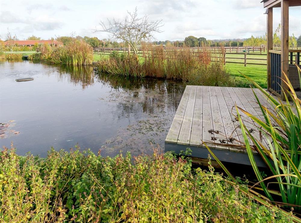 Shared decked pond area at The Bull Pen 1 in Thornhill, near Royal Wootton Bassett, Wiltshire