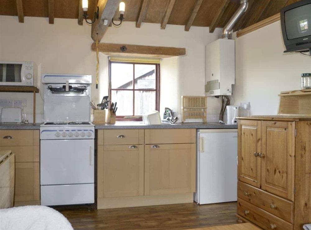 Well-equipped fitted kitchen within open-plan living space at The Byre in Newby, near Appleby-in-Westmorland, Cumbria