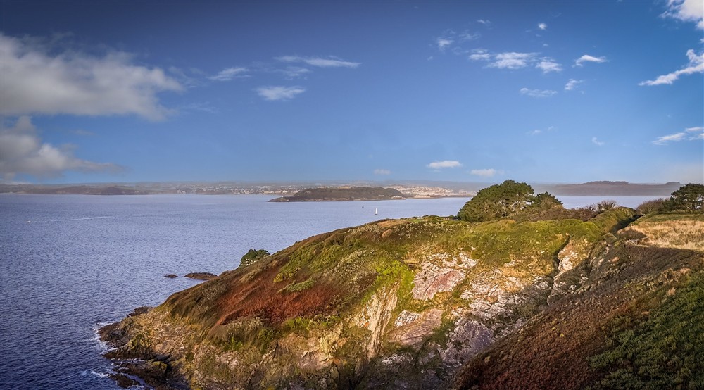 The rocky headland at The Captain's Quarter in Roseland, Cornwall