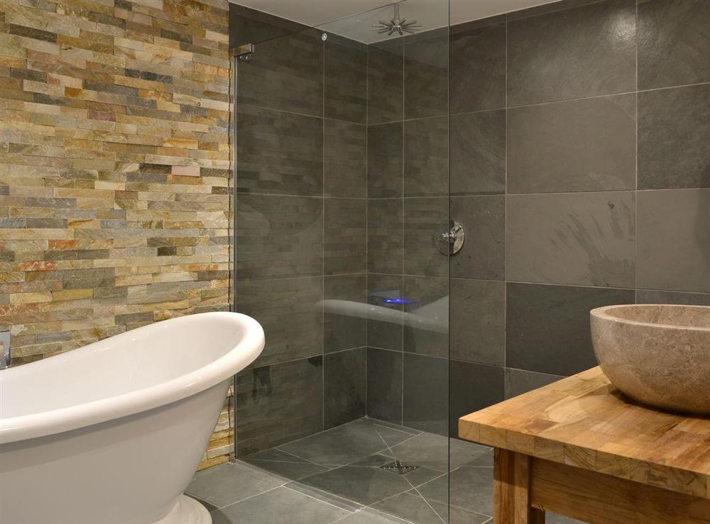 Luxury bathroom with roll-top bath and separate shower area at The Chapel in near Whitland, Dyfed