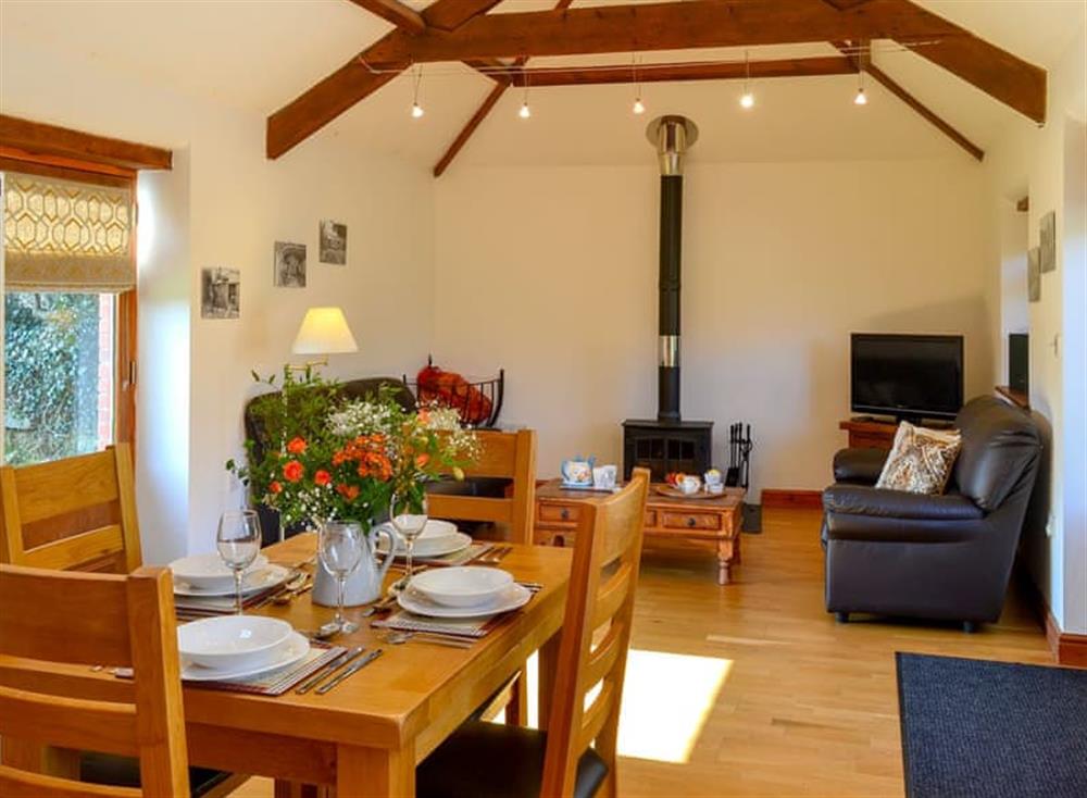 Open plan living space with beams and wooden floor at The Coach House in Gulworthy, near Tavistock, Devon