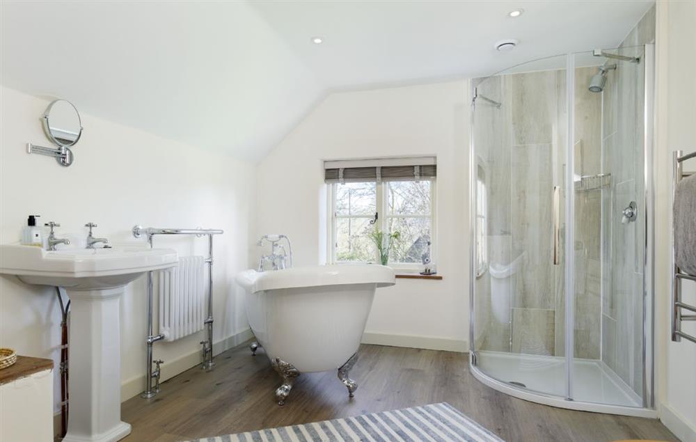 Bathroom with roll top bath and separate shower at The Coppice, Ashton under Hill