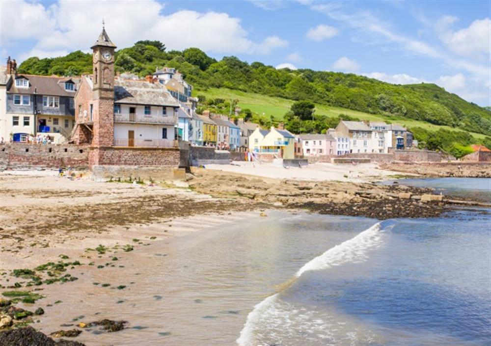 The clock tower and beach at Kingsand at The Courtyard in Cawsand