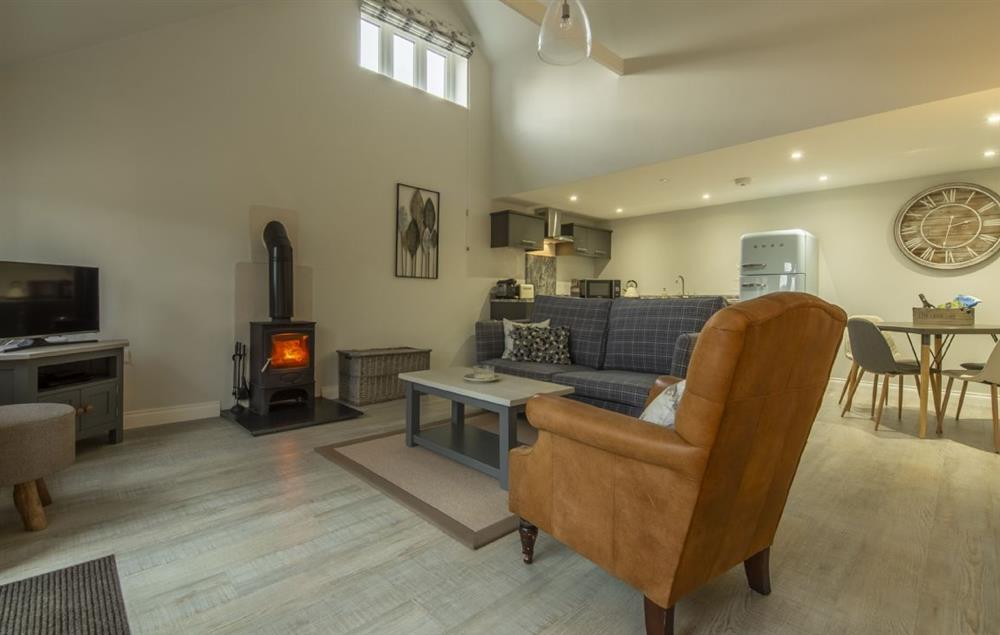 Ground floor: Open plan living area with comfortable seating and a wood burning stove at The Cowshed at Green Valley Farm, Ubbeston