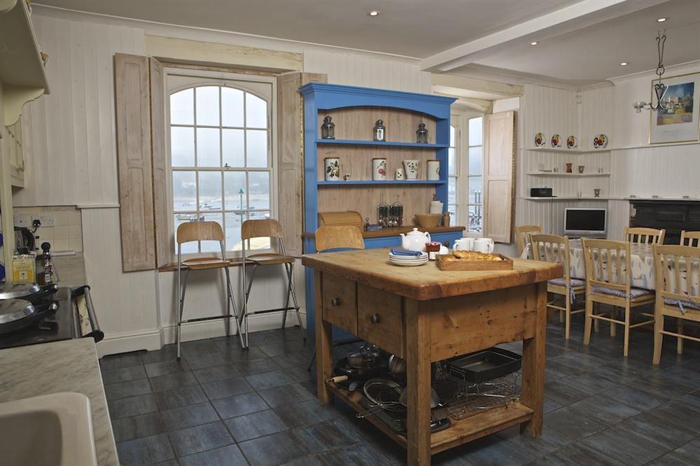 Superb kitchen with views over to East Portlemouth at The Custom House in Union Street, Salcombe