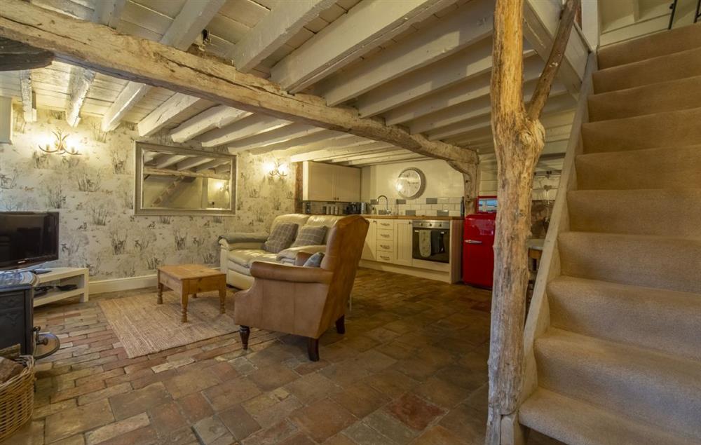Exposed beams in the open plan living area at The Dairy at Green Valley Farm, Ubbeston