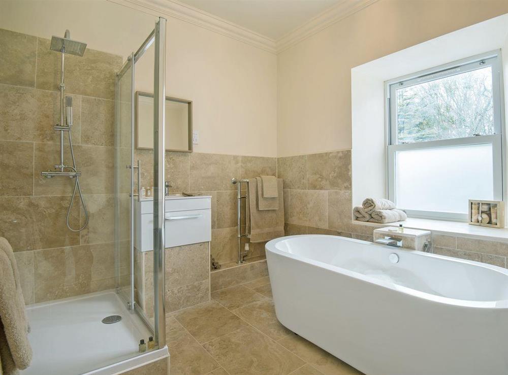 Large bathroom with shower and bath at The Duchy in Kirkcudbright, Kirkcudbrightshire