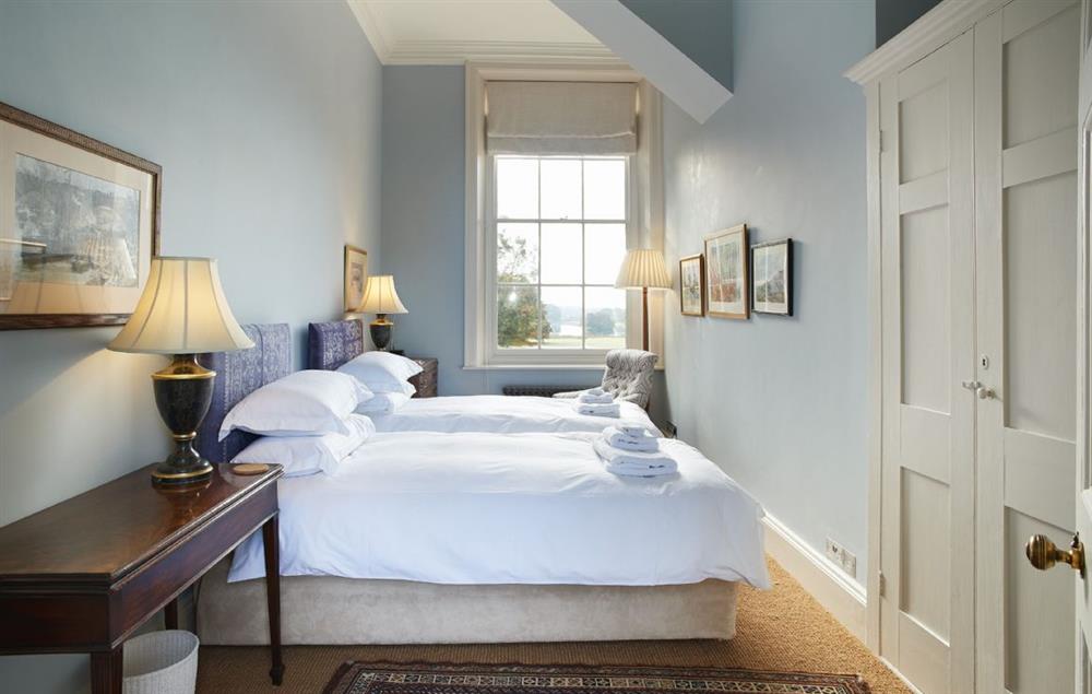 Twin bedroom with luxury Vi Spring bed and views to the lake on the first floor at The East Wing, Aylsham near Norwich