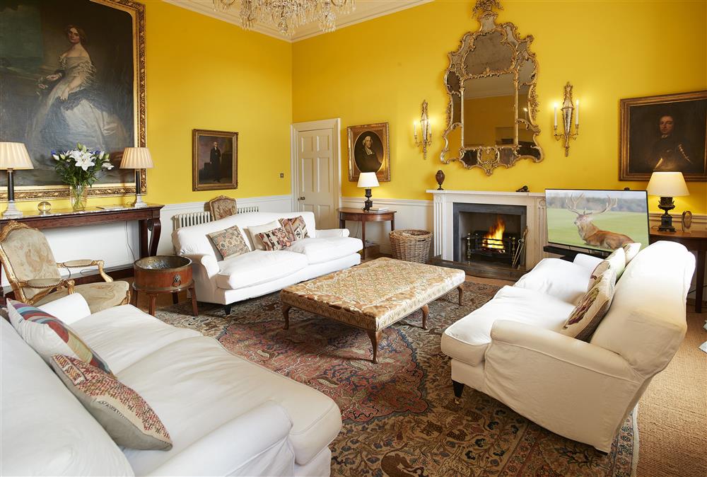 Opulent drawing room on the first floor with an open fire and sumptuous seating