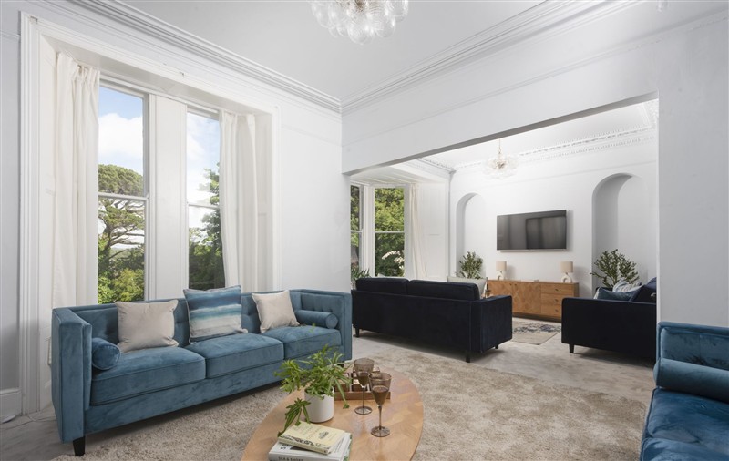 The living room at The Elms, Cornwall