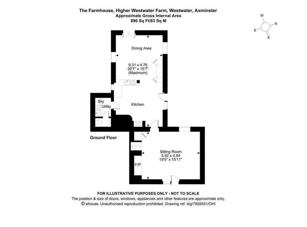 Plan of ground floor at The Farmhouse at Higher Westwater Farm in Axminster, Devon