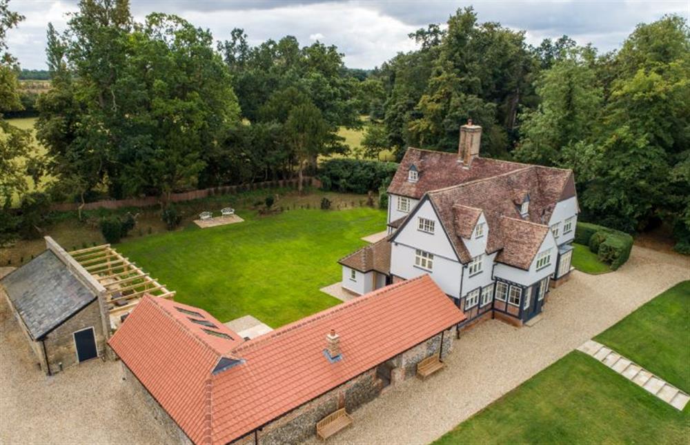 Aerial view of the accommodation and grounds at The Farmhouse, Nether Hall Estate, Pakenham